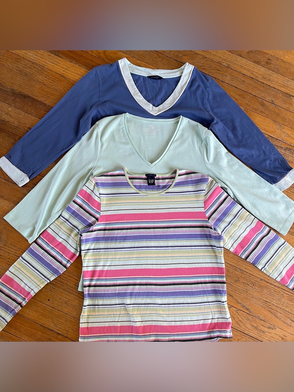 Gap Lands End Top T-Shirt LOT M-L Cotton Crew V-neck 3/4 Long Sleeves Blue Aqua